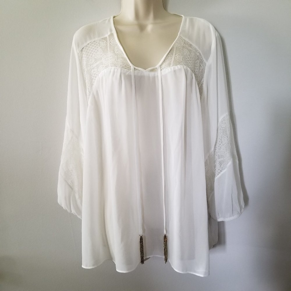 AGB Sheer Lace Trim Chain Tassel Tie 3/4  Balloon Sleeve Blouse Top XL